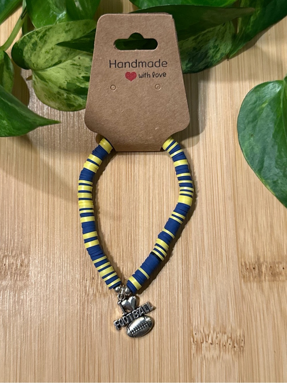 🏈✨ Football Stretchy Beaded Bracelet | Handmade | Silver Football Dangle Charm - Picture 1 of 1
